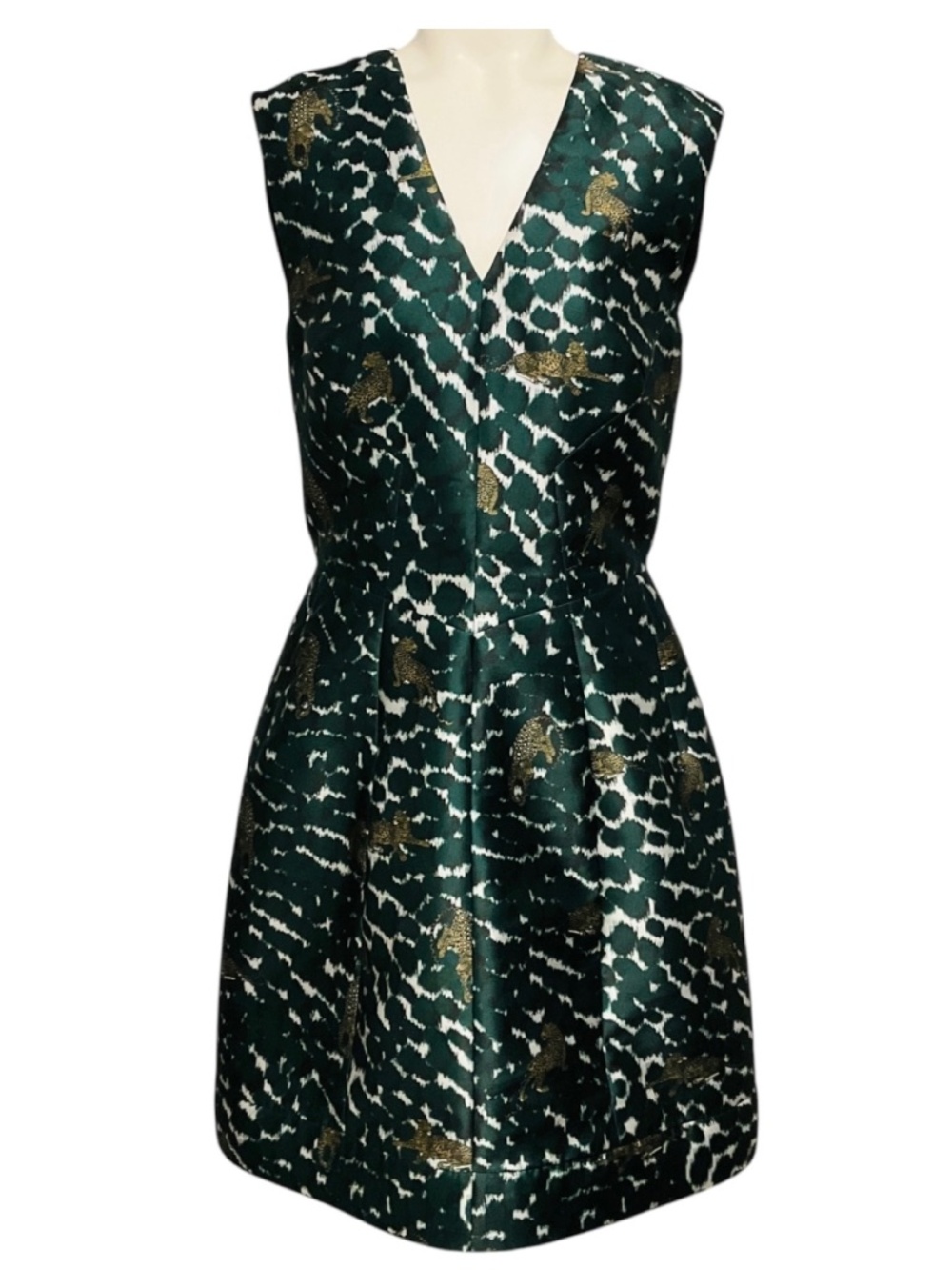 YIGAL AZROUEL GREEN MULTI LEOPARD ANIMAL PRINT SLEEVELESS V-NECK SATIN COCKTAIL